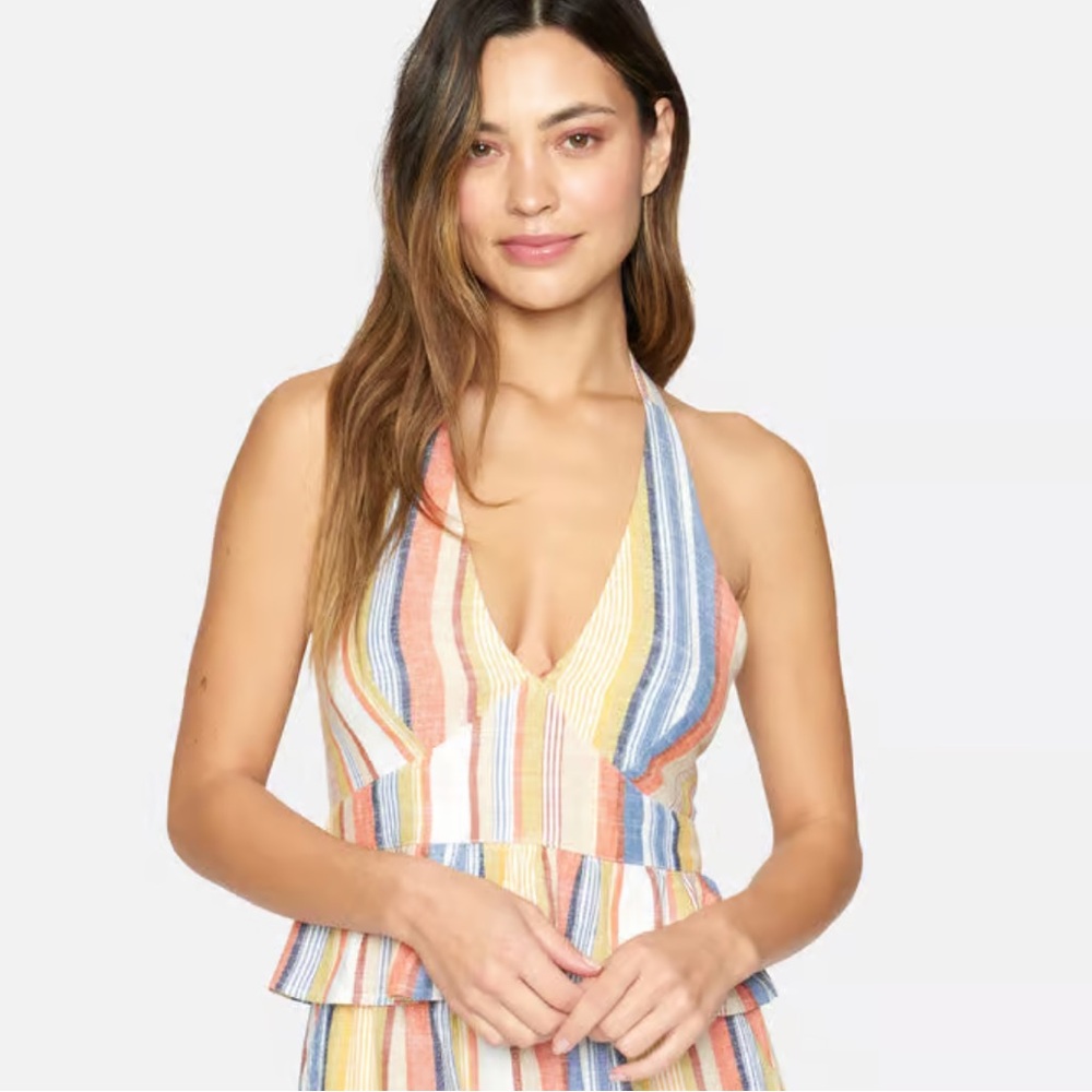 NWOT Hurley Kylie Stripe Smocked Halter Linen Blend Tank Size L